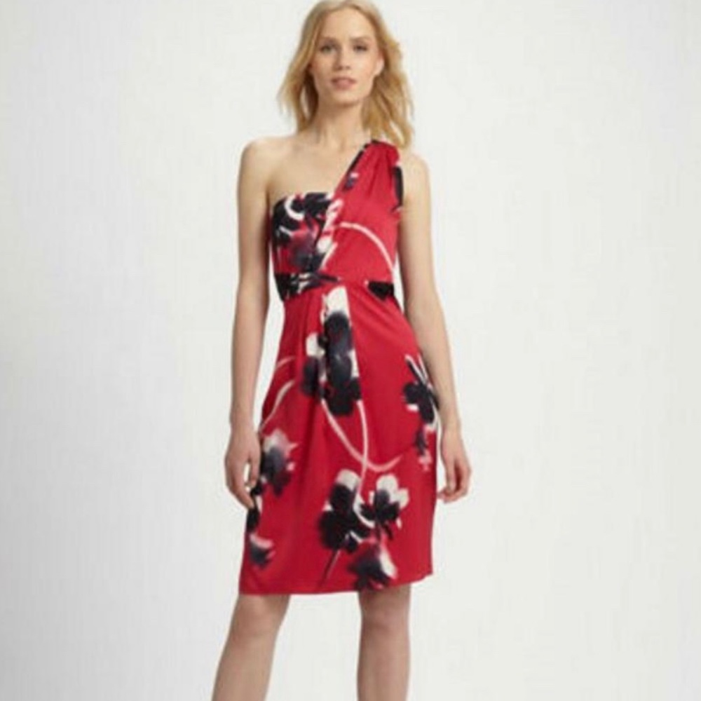 Elie Tahari Pink Black Farla Floral Print One Shoulder Cocktail Dress Size 12